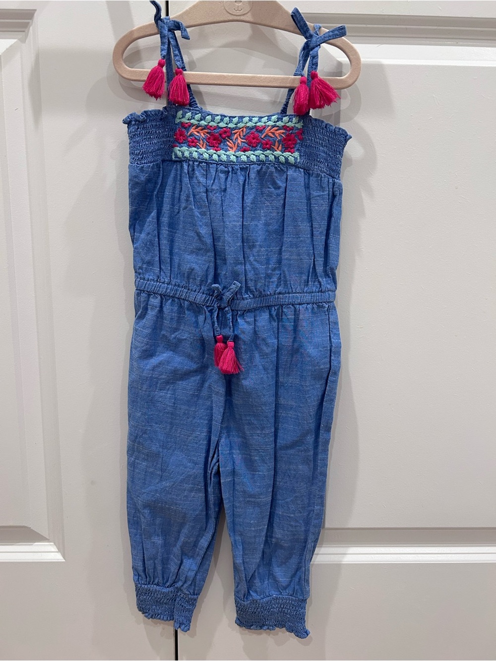 Hatley Girls Flower Embroidered Jumpsuit with Pink Tassels